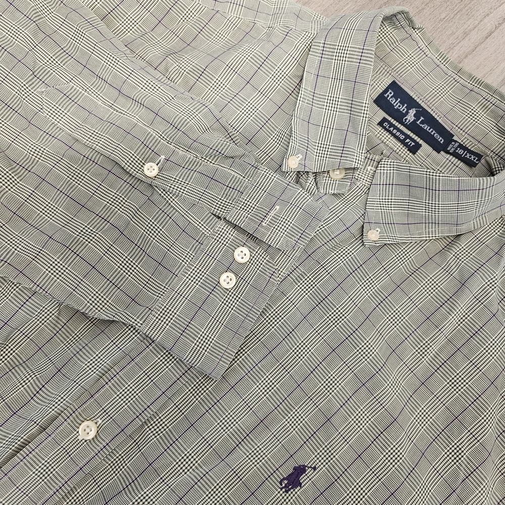 Ralph‎ Lauren XXL 18 Classic Fit Green Plaid Dress Shirt Cotton Pony LS EC